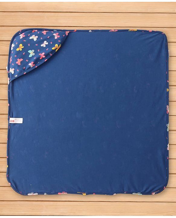 Babyhug Cotton Knit Hooded Wrapper with Butterfly Print L 76 x B 78 cm - Navy Blue