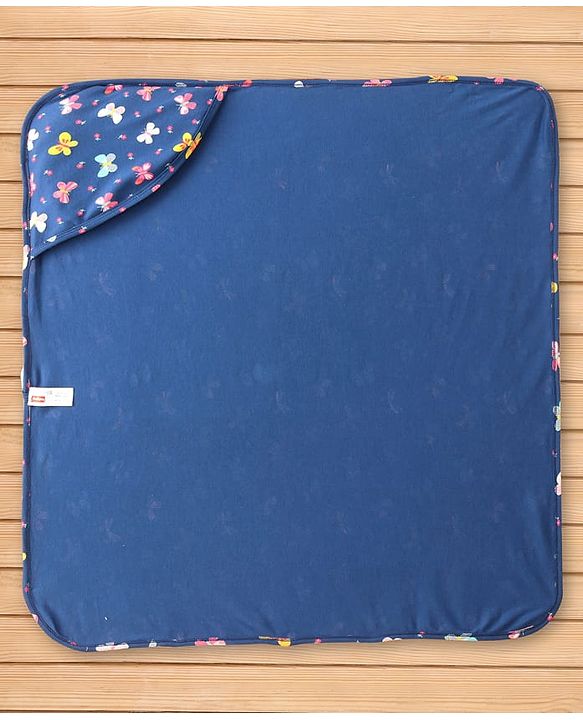 Babyhug Cotton Knit Hooded Wrapper with Butterfly Print L 76 x B 78 cm - Navy Blue