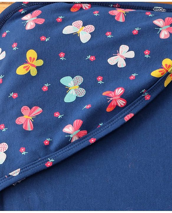 Babyhug Cotton Knit Hooded Wrapper with Butterfly Print L 76 x B 78 cm - Navy Blue
