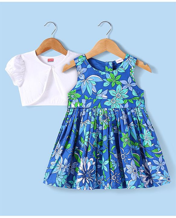 Babyhug Cotton Woven Half Puffed Sleeves Solid Colour Shrug & Floral Printed Frock - Blue