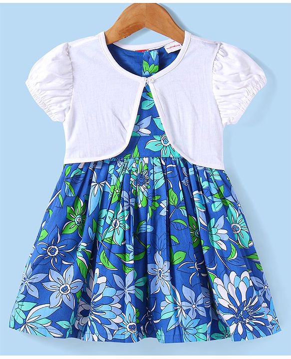 Babyhug Cotton Woven Half Puffed Sleeves Solid Colour Shrug & Floral Printed Frock - Blue