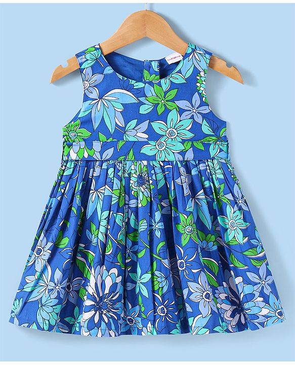 Babyhug Cotton Woven Half Puffed Sleeves Solid Colour Shrug & Floral Printed Frock - Blue