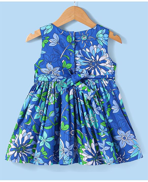 Babyhug Cotton Woven Half Puffed Sleeves Solid Colour Shrug & Floral Printed Frock - Blue
