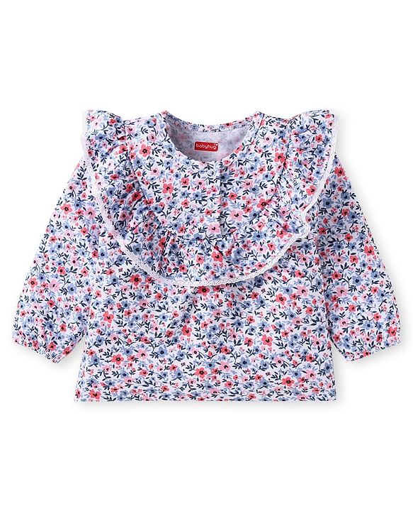 Babyhug Single Jersey Full Sleeves Frill Detailing Floral Print Top with Legging - Blue & Pink