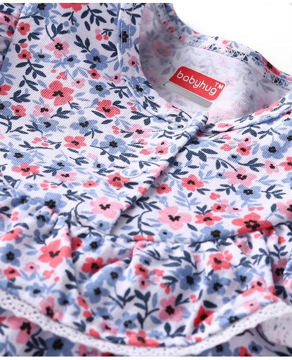 Babyhug Single Jersey Full Sleeves Frill Detailing Floral Print Top with Legging - Blue & Pink