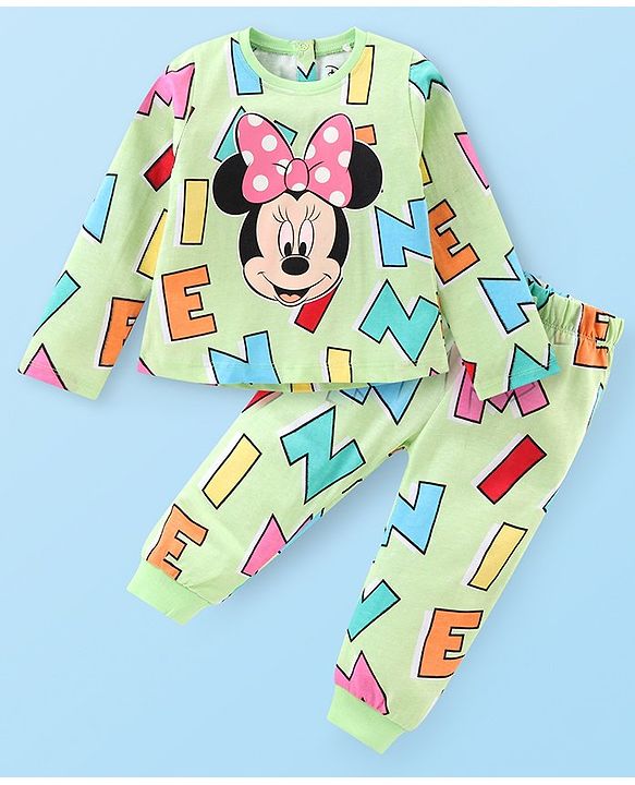 Babyhug Disney Single Jersey Knit Full Sleeves Night Suit With Minnie Mouse Graphics - Green