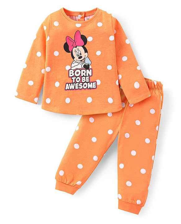 Babyhug Disney Single Jersey Knit Full Sleeves Night Suit With Minnie Mouse Graphics - Orange