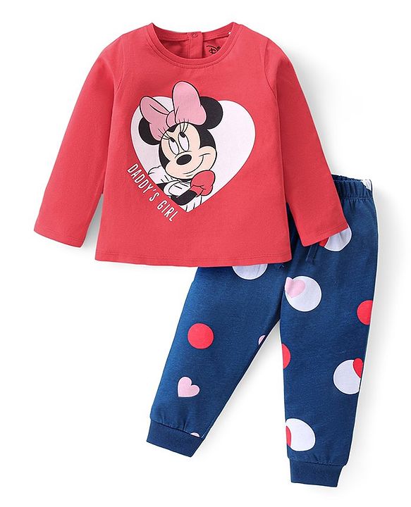 Babyhug Disney Single Jersey Knit Full Sleeves Night Suit With Minnie Mouse Graphics - Red & Blue