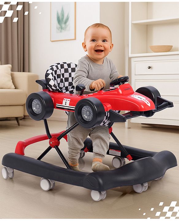 Babyhug F1 Little Racer Foldable Activity Walker with Adjustable Height|Music & Lights|Steering Wheel with Comfy Seat & Push Handle - Red