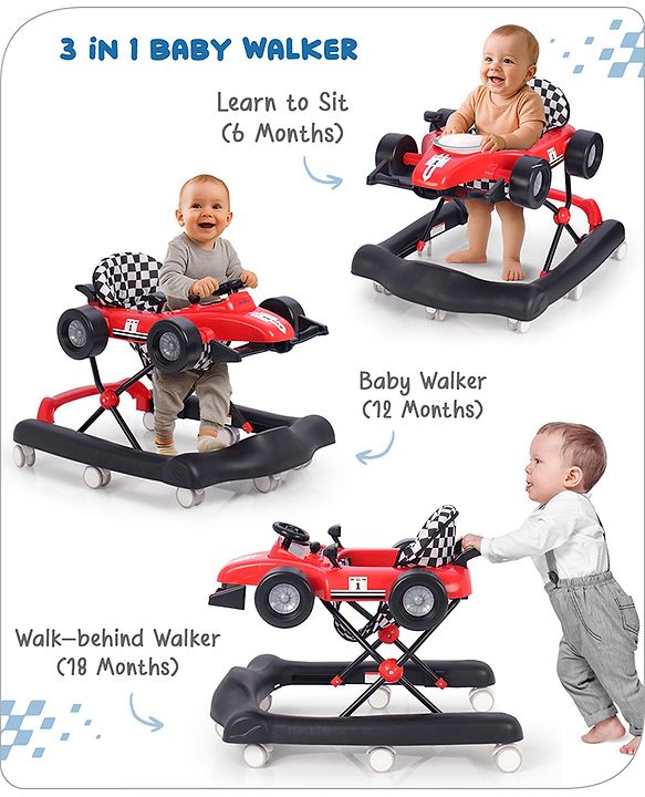 Babyhug F1 Little Racer Foldable Activity Walker with Adjustable Height|Music & Lights|Steering Wheel with Comfy Seat & Push Handle - Red