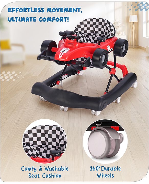 Babyhug F1 Little Racer Foldable Activity Walker with Adjustable Height|Music & Lights|Steering Wheel with Comfy Seat & Push Handle - Red