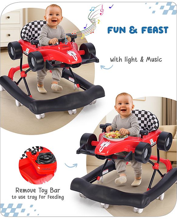 Babyhug F1 Little Racer Foldable Activity Walker with Adjustable Height|Music & Lights|Steering Wheel with Comfy Seat & Push Handle - Red