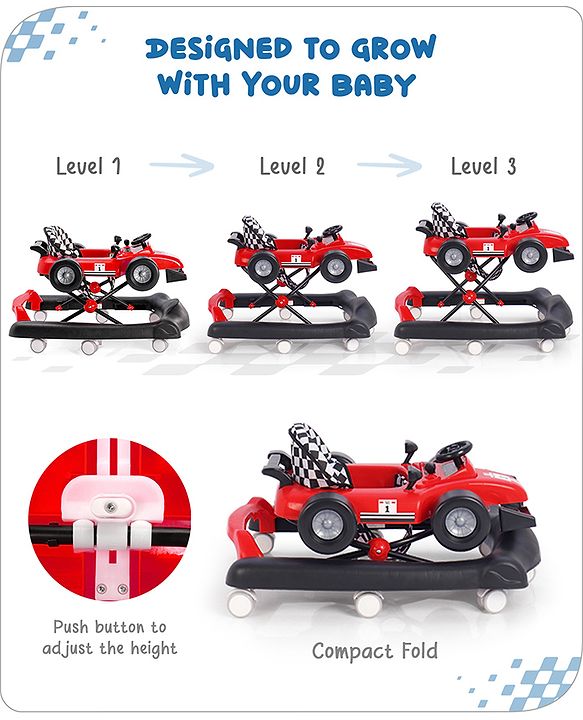 Babyhug F1 Little Racer Foldable Activity Walker with Adjustable Height|Music & Lights|Steering Wheel with Comfy Seat & Push Handle - Red