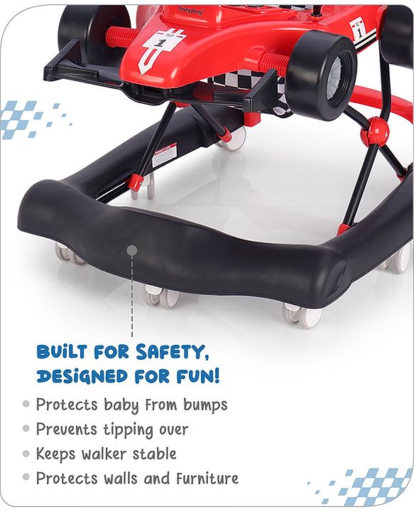 Babyhug F1 Little Racer Foldable Activity Walker with Adjustable Height|Music & Lights|Steering Wheel with Comfy Seat & Push Handle - Red