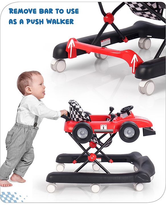 Babyhug F1 Little Racer Foldable Activity Walker with Adjustable Height|Music & Lights|Steering Wheel with Comfy Seat & Push Handle - Red