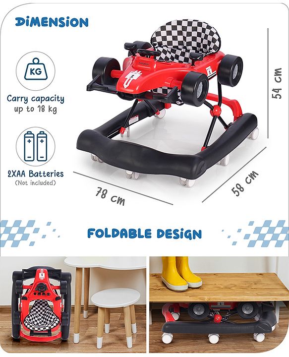 Babyhug F1 Little Racer Foldable Activity Walker with Adjustable Height|Music & Lights|Steering Wheel with Comfy Seat & Push Handle - Red