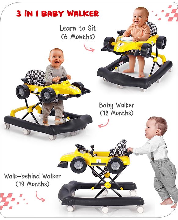 Babyhug F1 Little Racer Foldable Activity Walker with Adjustable Height|Music & Lights|Steering Wheel with Comfy Seat & Push Handle -  Yellow