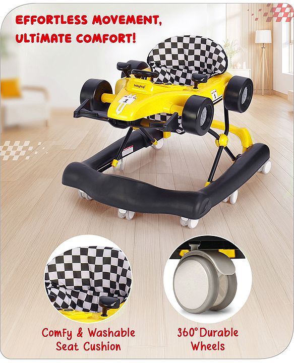 Babyhug F1 Little Racer Foldable Activity Walker with Adjustable Height|Music & Lights|Steering Wheel with Comfy Seat & Push Handle -  Yellow