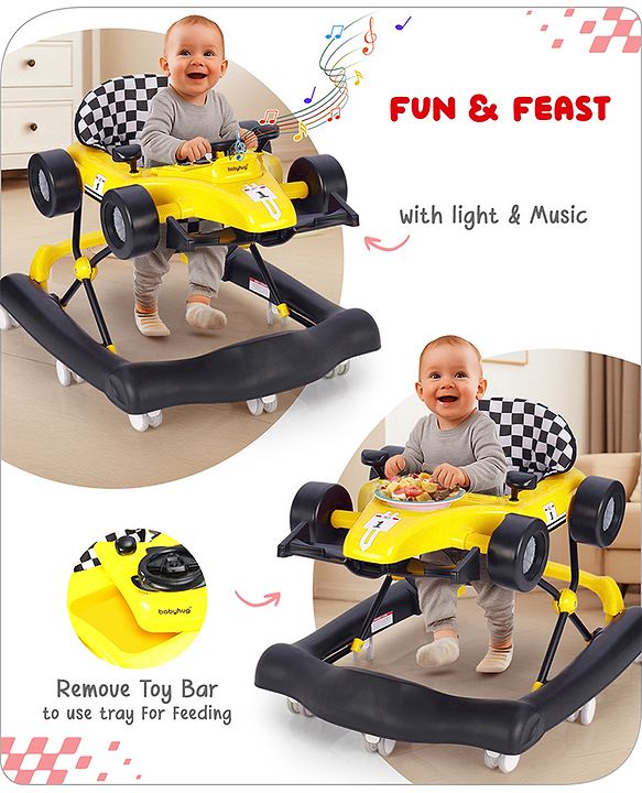 Babyhug F1 Little Racer Foldable Activity Walker with Adjustable Height|Music & Lights|Steering Wheel with Comfy Seat & Push Handle -  Yellow