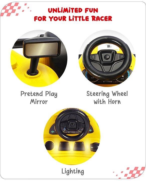 Babyhug F1 Little Racer Foldable Activity Walker with Adjustable Height|Music & Lights|Steering Wheel with Comfy Seat & Push Handle -  Yellow