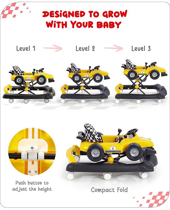 Babyhug F1 Little Racer Foldable Activity Walker with Adjustable Height|Music & Lights|Steering Wheel with Comfy Seat & Push Handle -  Yellow