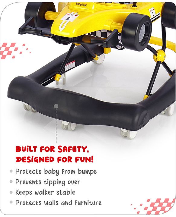 Babyhug F1 Little Racer Foldable Activity Walker with Adjustable Height|Music & Lights|Steering Wheel with Comfy Seat & Push Handle -  Yellow