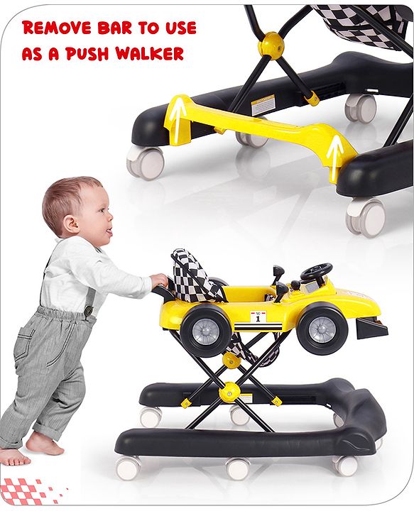 Babyhug F1 Little Racer Foldable Activity Walker with Adjustable Height|Music & Lights|Steering Wheel with Comfy Seat & Push Handle -  Yellow