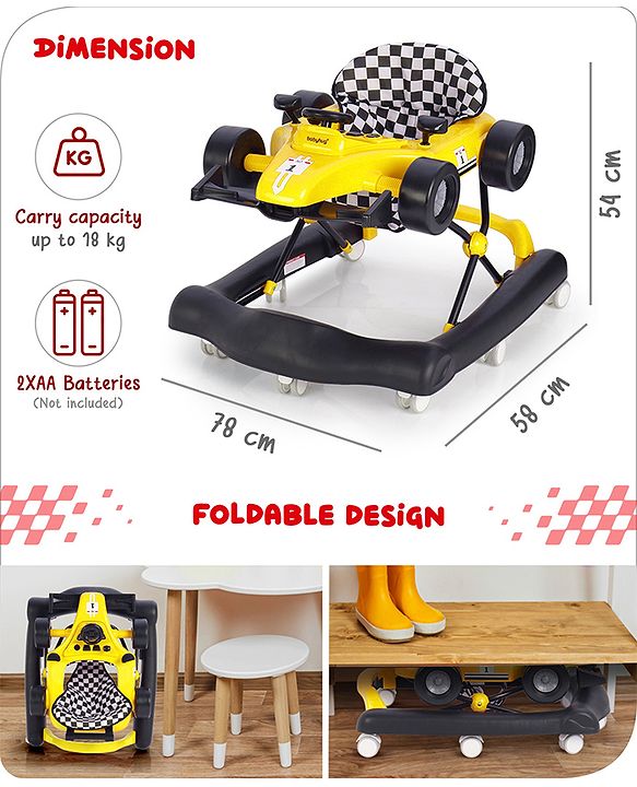 Babyhug F1 Little Racer Foldable Activity Walker with Adjustable Height|Music & Lights|Steering Wheel with Comfy Seat & Push Handle -  Yellow