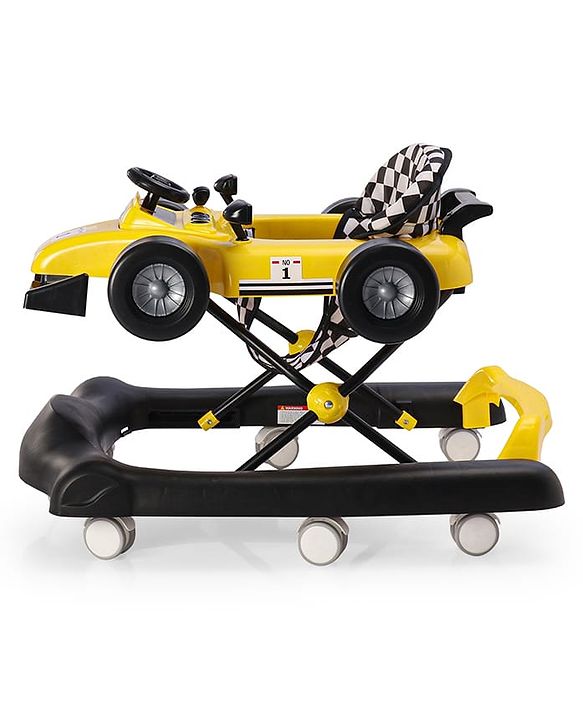Babyhug F1 Little Racer Foldable Activity Walker with Adjustable Height|Music & Lights|Steering Wheel with Comfy Seat & Push Handle -  Yellow