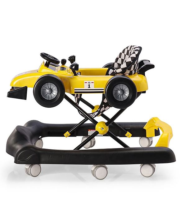 Babyhug F1 Little Racer Foldable Activity Walker with Adjustable Height|Music & Lights|Steering Wheel with Comfy Seat & Push Handle -  Yellow