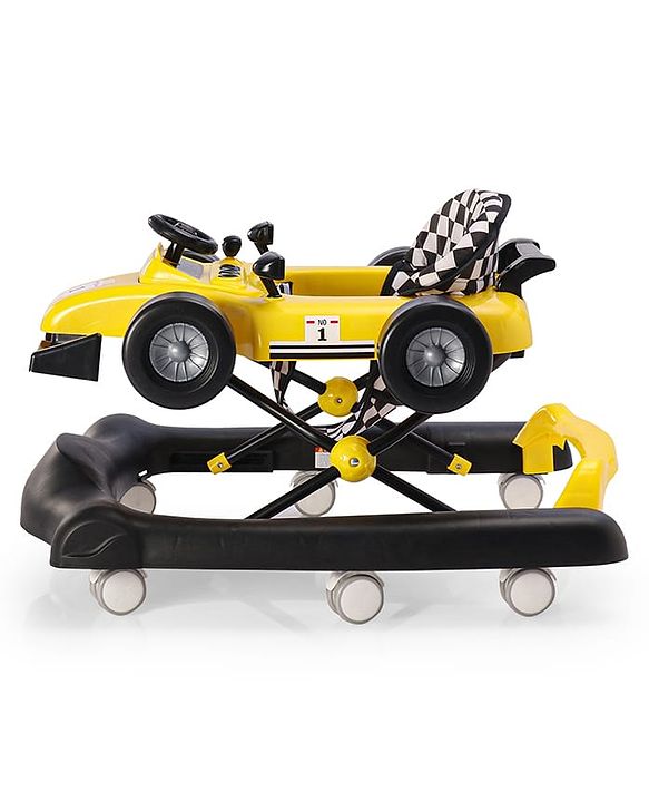 Babyhug F1 Little Racer Foldable Activity Walker with Adjustable Height|Music & Lights|Steering Wheel with Comfy Seat & Push Handle -  Yellow