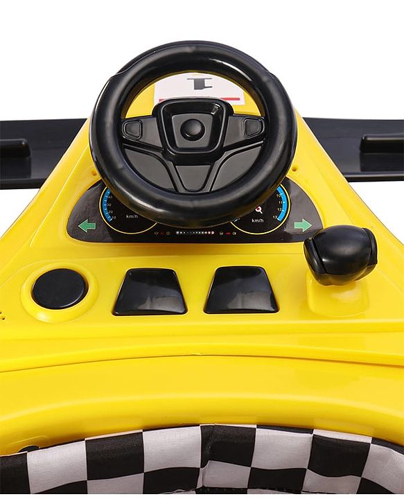 Babyhug F1 Little Racer Foldable Activity Walker with Adjustable Height|Music & Lights|Steering Wheel with Comfy Seat & Push Handle -  Yellow