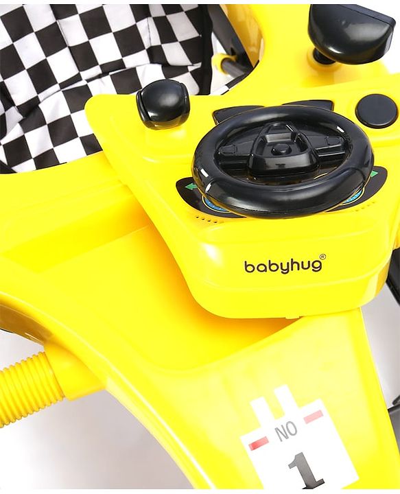 Babyhug F1 Little Racer Foldable Activity Walker with Adjustable Height|Music & Lights|Steering Wheel with Comfy Seat & Push Handle -  Yellow