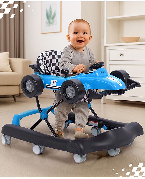 Babyhug F1 Little Racer Foldable Activity Walker with Adjustable Height|Music & Lights|Steering Wheel with Comfy Seat & Push Handle -  Yellow