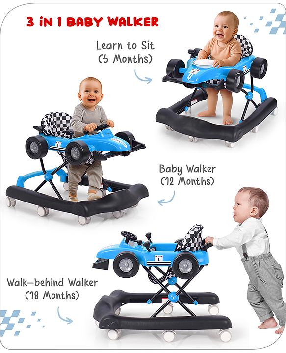 Babyhug F1 Little Racer Foldable Activity Walker with Adjustable Height|Music & Lights|Steering Wheel with Comfy Seat & Push Handle -  Yellow