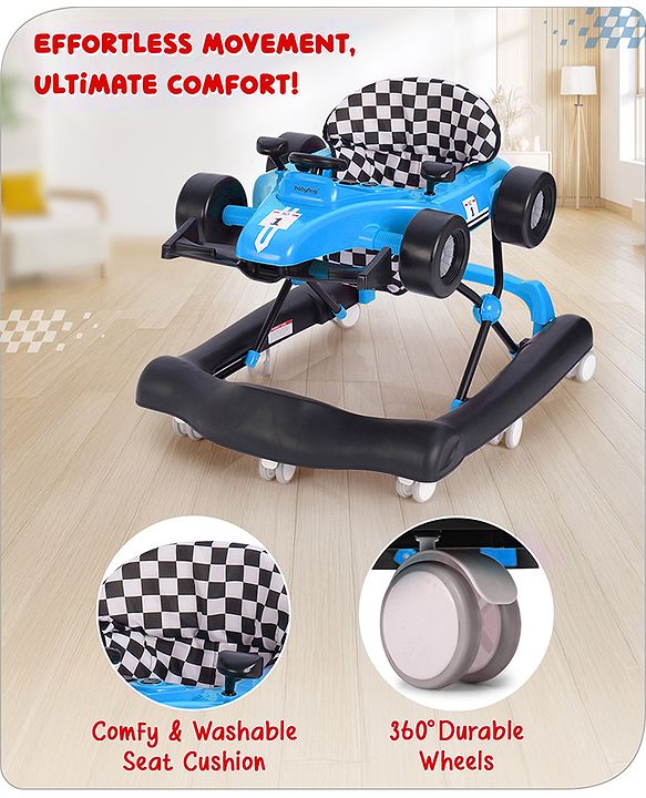 Babyhug F1 Little Racer Foldable Activity Walker with Adjustable Height|Music & Lights|Steering Wheel with Comfy Seat & Push Handle -  Yellow
