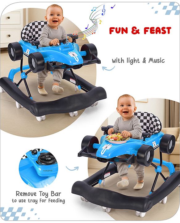 Babyhug F1 Little Racer Foldable Activity Walker with Adjustable Height|Music & Lights|Steering Wheel with Comfy Seat & Push Handle -  Yellow