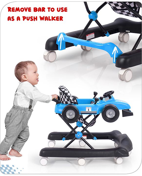 Babyhug F1 Little Racer Foldable Activity Walker with Adjustable Height|Music & Lights|Steering Wheel with Comfy Seat & Push Handle -  Yellow