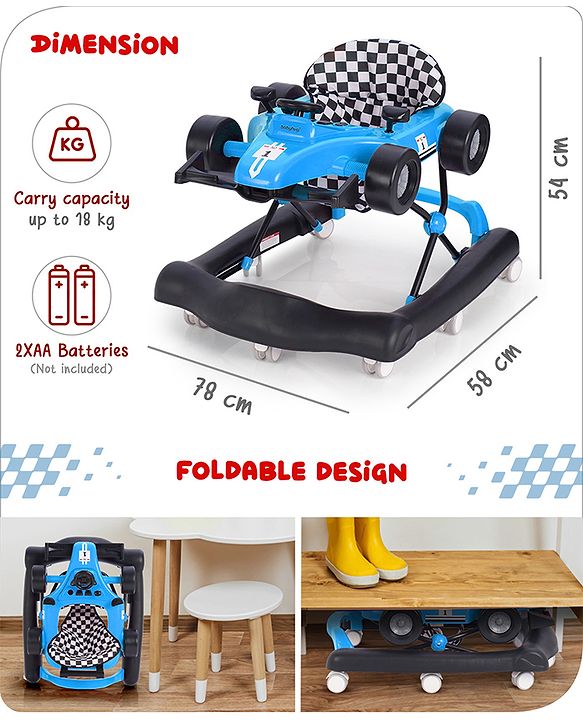 Babyhug F1 Little Racer Foldable Activity Walker with Adjustable Height|Music & Lights|Steering Wheel with Comfy Seat & Push Handle -  Yellow