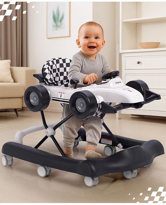 Babyhug F1 Little Racer Foldable Activity Walker with Adjustable Height|Music & Lights|Steering Wheel with Comfy Seat & Push Handle -  Yellow