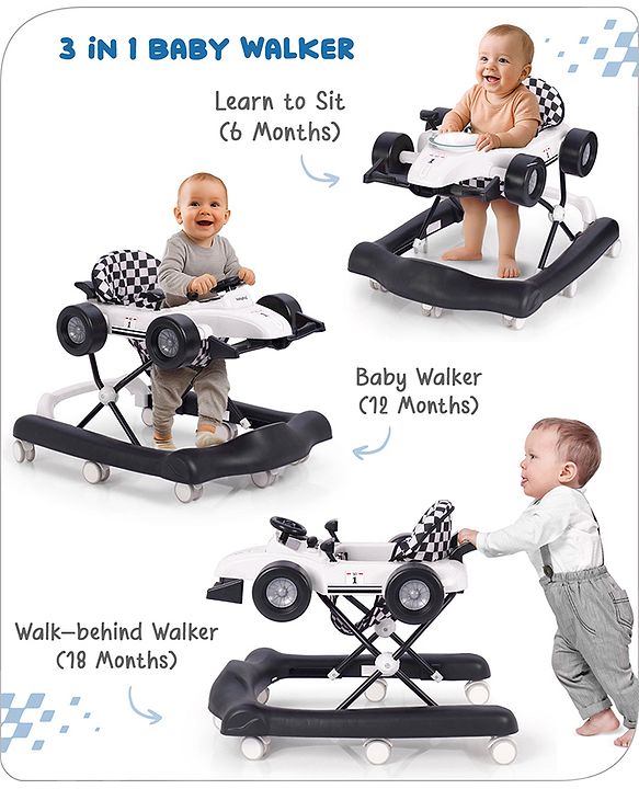 Babyhug F1 Little Racer Foldable Activity Walker with Adjustable Height|Music & Lights|Steering Wheel with Comfy Seat & Push Handle -  Yellow