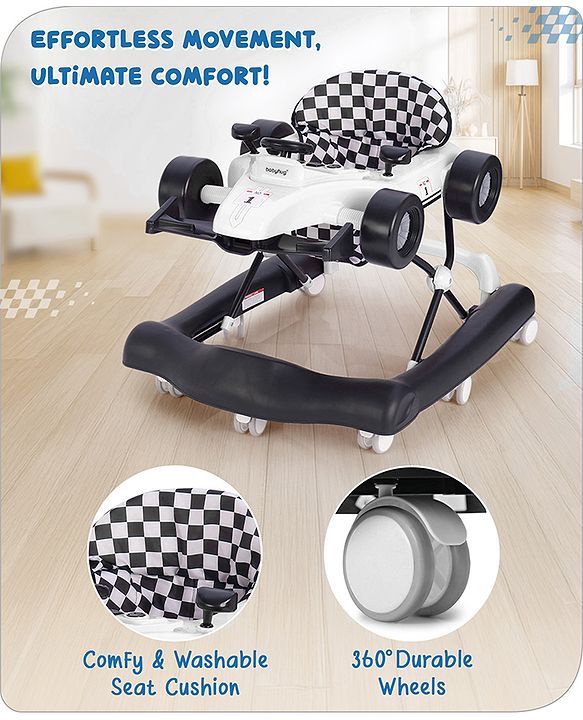 Babyhug F1 Little Racer Foldable Activity Walker with Adjustable Height|Music & Lights|Steering Wheel with Comfy Seat & Push Handle -  Yellow