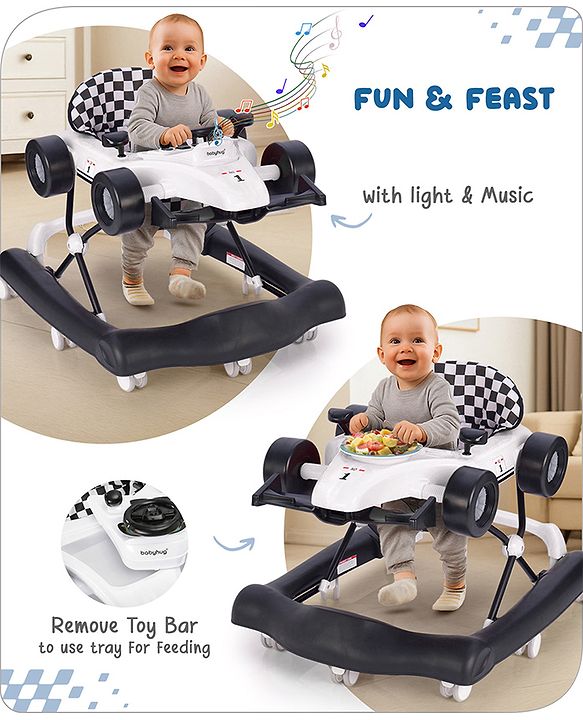 Babyhug F1 Little Racer Foldable Activity Walker with Adjustable Height|Music & Lights|Steering Wheel with Comfy Seat & Push Handle -  Yellow