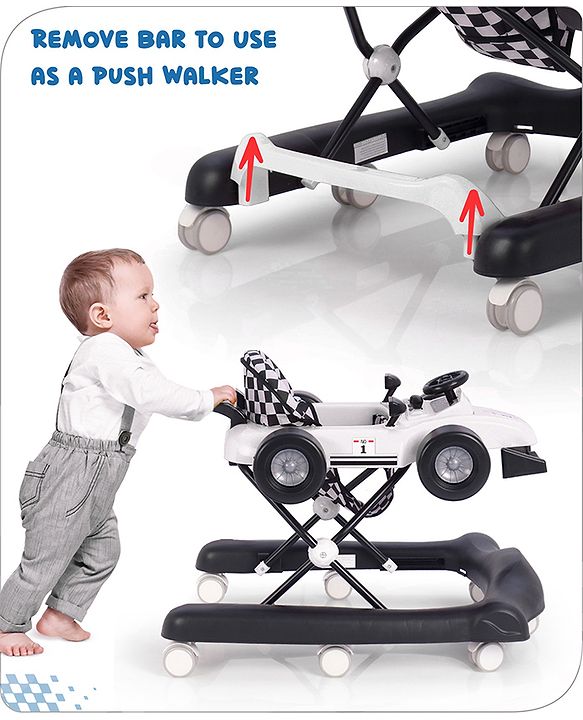 Babyhug F1 Little Racer Foldable Activity Walker with Adjustable Height|Music & Lights|Steering Wheel with Comfy Seat & Push Handle -  Yellow