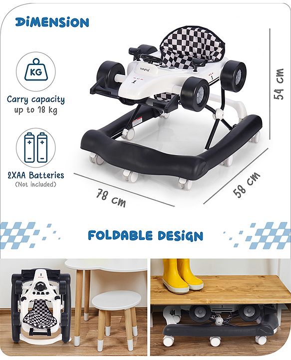 Babyhug F1 Little Racer Foldable Activity Walker with Adjustable Height|Music & Lights|Steering Wheel with Comfy Seat & Push Handle -  Yellow