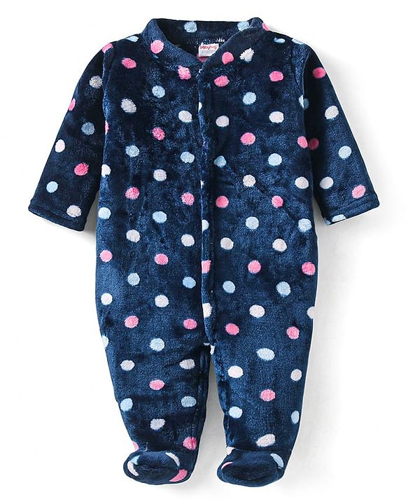 Babyhug Velour Knit Full Sleeves Winter Wear Sleep Suit With Polka Dots Print - Navy Blue