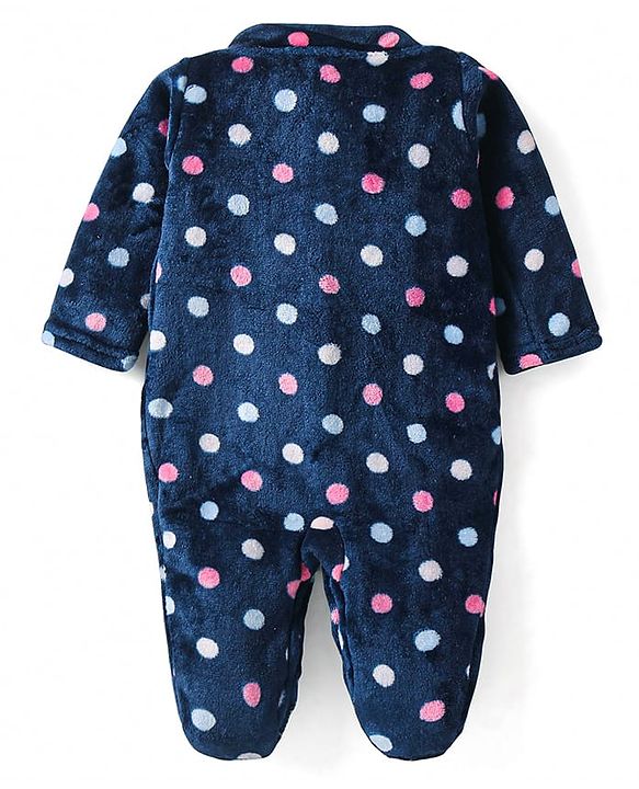Babyhug Velour Knit Full Sleeves Winter Wear Sleep Suit With Polka Dots Print - Navy Blue