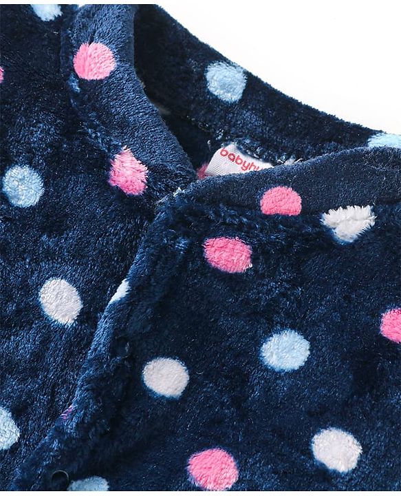 Babyhug Velour Knit Full Sleeves Winter Wear Sleep Suit With Polka Dots Print - Navy Blue