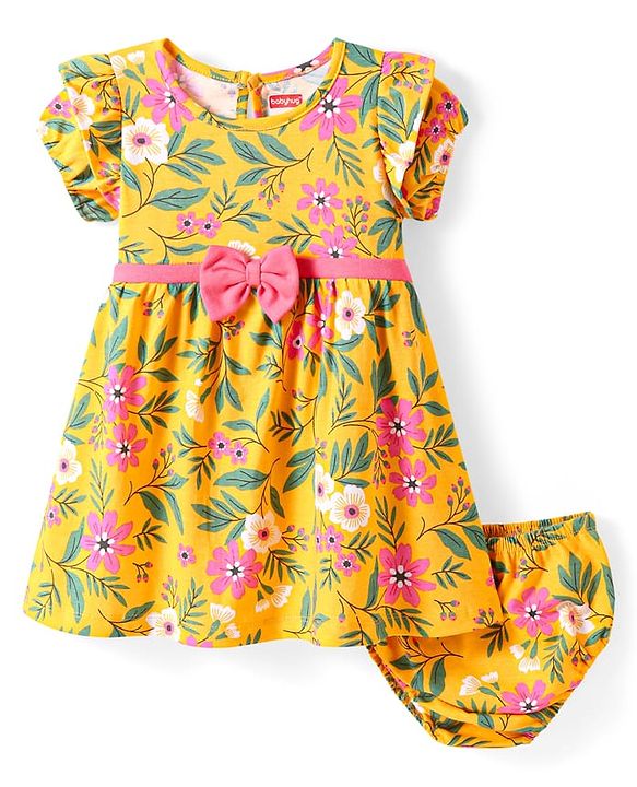 Babyhug Cotton Knit Half Sleeves Frock & Bloomer with Floral Print - Yellow