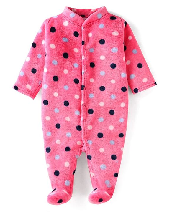 Babyhug Velour Knit Full Sleeves Winter Wear  Polka Dots Printed Footed Front Open Sleep Suit - Dark Pink